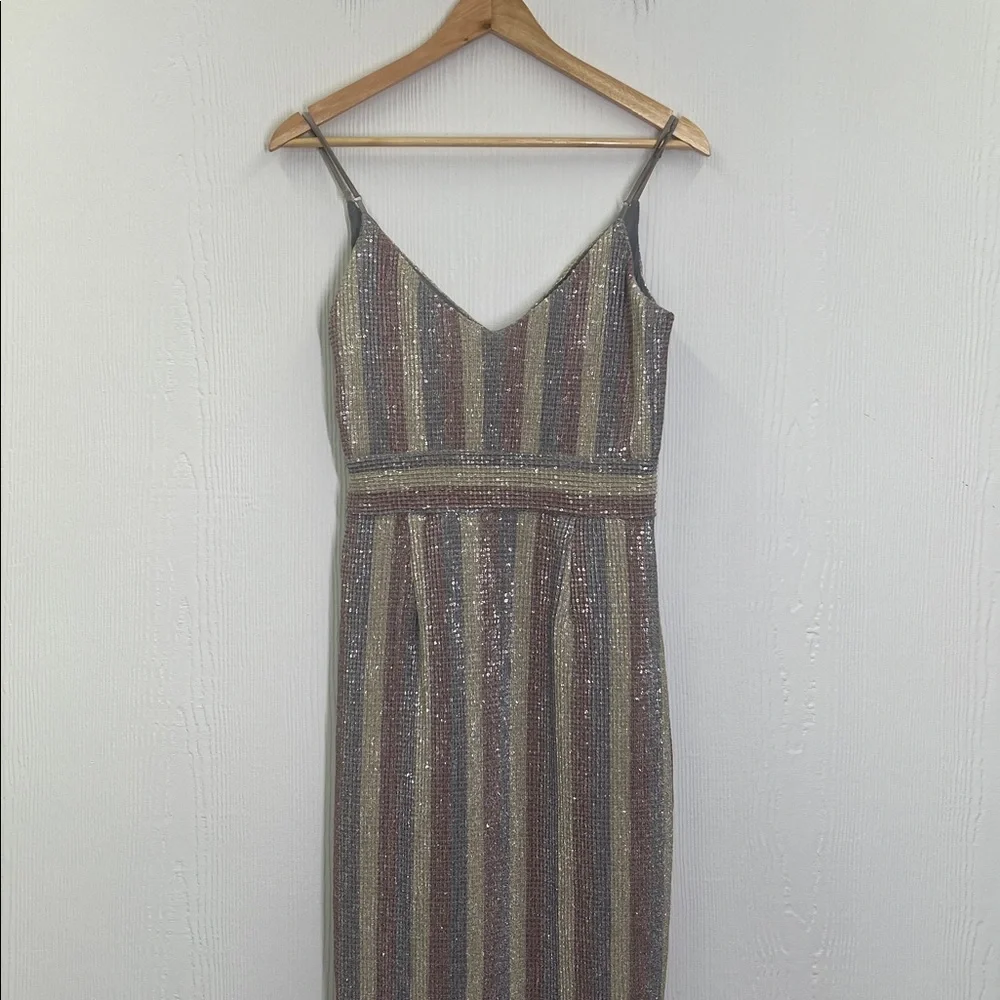 Saylor - Meghan Multi Colored Sequin Stripped Faux Wrap Midi Dress Size Small